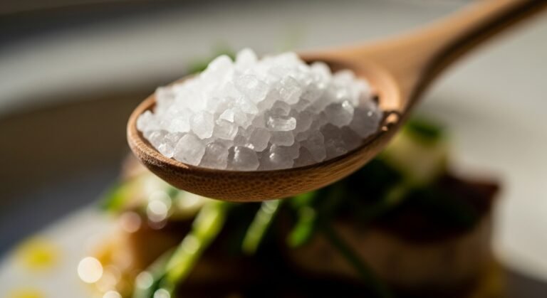 Close-up of sea salt crystals on a wooden spoon, sprinkled on a gourmet dish Types of Salt